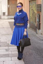 Royal blue midi circle skirt and turtleneck hairy sweater 
