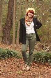 Outfit: Green Lipstick with a Yellow Beret, Black Wool Coat, and Green Skinny Jeans