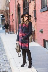 Casual Outfit | Plaid Coat + Black Over The Knee Boots