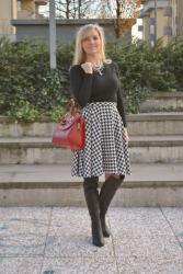 OUTFIT: PIED DE POULE ROUND SKIRT OVER KNEE BOOTS AND RED BAG