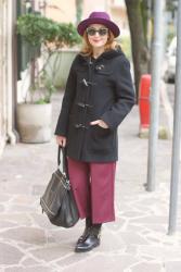 Gloverall coat, ribbed knit sweater and culottes 