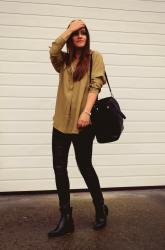 khaki blouse + leather pants