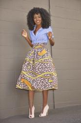 Striped Shirt + Printed Midi Skirt