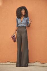 Fitted Denim Shirt + High Waist Flare Trousers