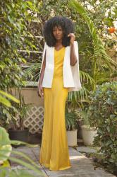 White Cape Blazer + Yellow Maxi Slip Dress