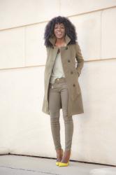 Military Green Coat + V-Neck Tee + Moto Coated Jeans