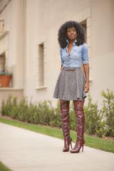 Fitted Denim Shirt + Twill Skater Skirt + OTK Boots