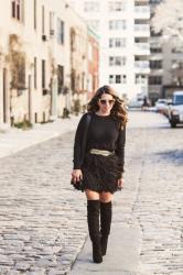 Holiday Outfit | Feather Skirt + Over The Knee Boots