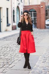 Casual Outfit | Red Skirt + Black Cardigan