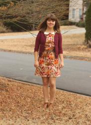 A Jeanie Outfit: Fall Leaf and Fox Print Shift Dress with a Burgundy Cardigan