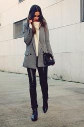Houndstooth blazer, leather pants and high neck sweater