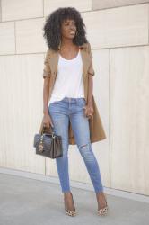 Trench Coat + Tank + Stiletto Jeans