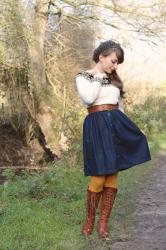 Outfit: snowflake fairisle jumper and lace-up boots