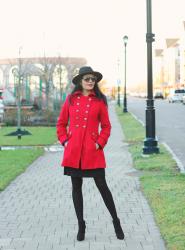 Lookbook : Red Military Coat, Plaid Blanket Scarf