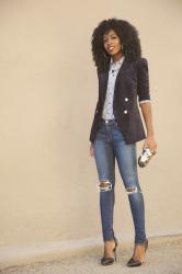 Velvet Blazer + Striped Shirt + Ripped Jeans