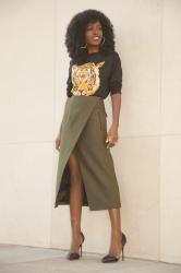 Tiger Print Crewneck + Faux Wrap Midi Skirt