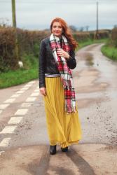 Yellow Maxi, Black Biker Jacket, Red Tartan Scarf. And Some Stripes.