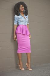 Fitted Denim Shirt + Peplum Midi Skirt