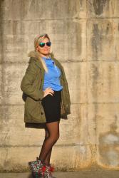 OUTFIT: PARKA, BLUE SHIRT AND MINI SKIRT