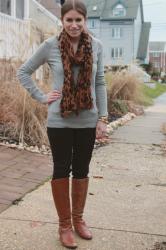 Grey Sweater + Leopard Scarf