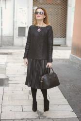 Almost all black: faux leather pleated midi skirt
