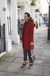 Ruby Red Cos Coat / Tartan Trousers / Knitted Roll Neck 