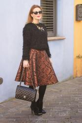 Fuzzy sweater, Metallic jacquard midi skirt