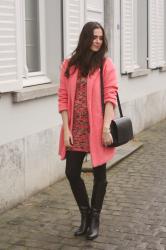 Pink coat, bouclé sweater dress