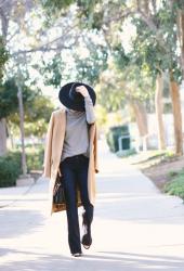 Hat On: Camel Coat and Flare Jeans