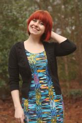 Outfit: Colorful Bodycon Dress, Black Cardigan, and Black Ankle Boots