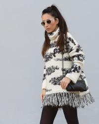 Cozy Fringed Sweater and Leather Skirt