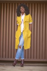 Yellow Trench + Button-Up + Ripped Boyfriend Jeans