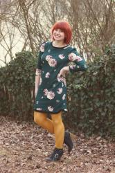 Outfit: Green Floral Shift Dress, Yellow Patterned Tights, and Ankle Boots