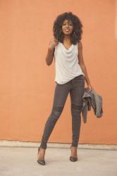 Boyfriend Blazer + Cowl Neck Blouse + Moto Jeans