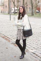 Outfit: knee boots and printed miniskirt