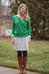 Polka Dot dress and Green Sweater