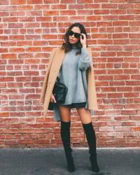 Camel Coat and Suede Thigh High Boots
