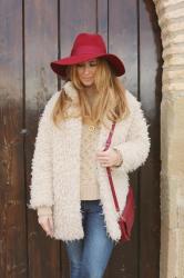 BURGUNDY HAT AND CAMEL JUMPER