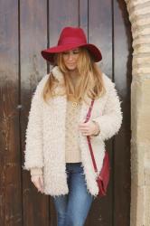 BURGUNDY HAT AND CAMEL JUMPER