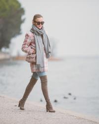PINK PLAID COAT AND OVER KNEE BOOTS ON THE GARDA LAKE