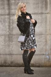 OUTFIT: BLACK AND WHITE DRESS AND FUR JACKET