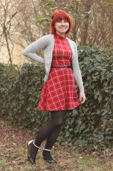 Outfit: Red Plaid Mock Turtleneck Dress, Gray Cardigan, and Two Toned Flats