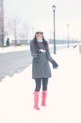 Winter Outfit: Polka Dot Coat & Red Hunter Boots