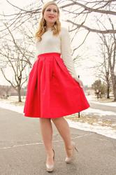 Ivory Lace & Red Pleated Skirt: Valentine’s Day Look