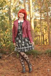Outfit: Skeleton Print Dress, Burgundy Leather Jacket, and Polka Dot Tights