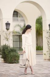 Creamy Set: Off-the-Shoulder Top and Pleated Full Skirt
