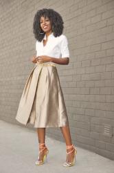 Classic Button-Up Shirt + Gold Pleated Midi Skirt