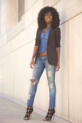 Boyfriend Blazer + Denim Shirt + Distressed Jeans