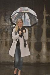 OUTFIT UNDER THE RAIN: JEANS, HEELS AND LADY LIKE COAT