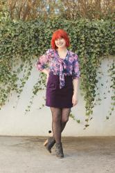 Outfit: Purple Velvet Mini Skirt, Floral Blouse, and Dotted Tights